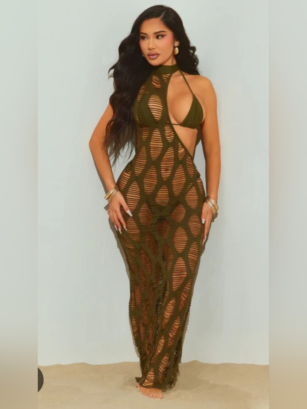 NWT Fashion Nova Olive Green 3-Piece Bikini & Ripped Cutout Cover-Up Set [S]